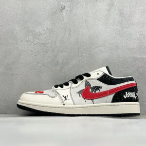 zhenhui-潮酷炸裂 个性拉满 AIR JORDAN 1，经典AJ低帮版型融合LV联名元素，黑白撞色搭配红勾蝴蝶印花